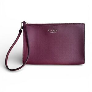 Kate Spade Burgundy Saffiano Leather Wristlet Pouch – Zip Clutch with Strap